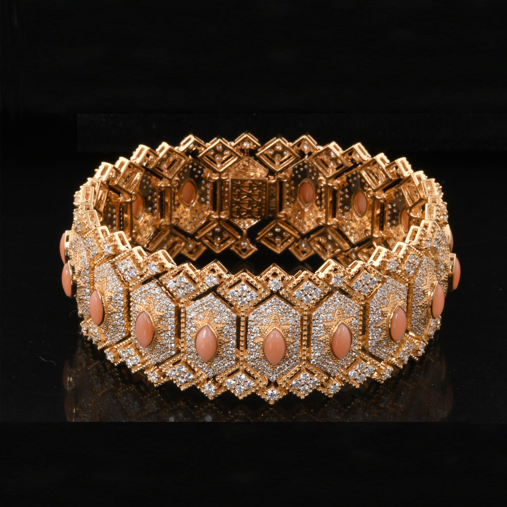 Exquisite Coral Gemstone and Natural Diamond Statement Bracelet