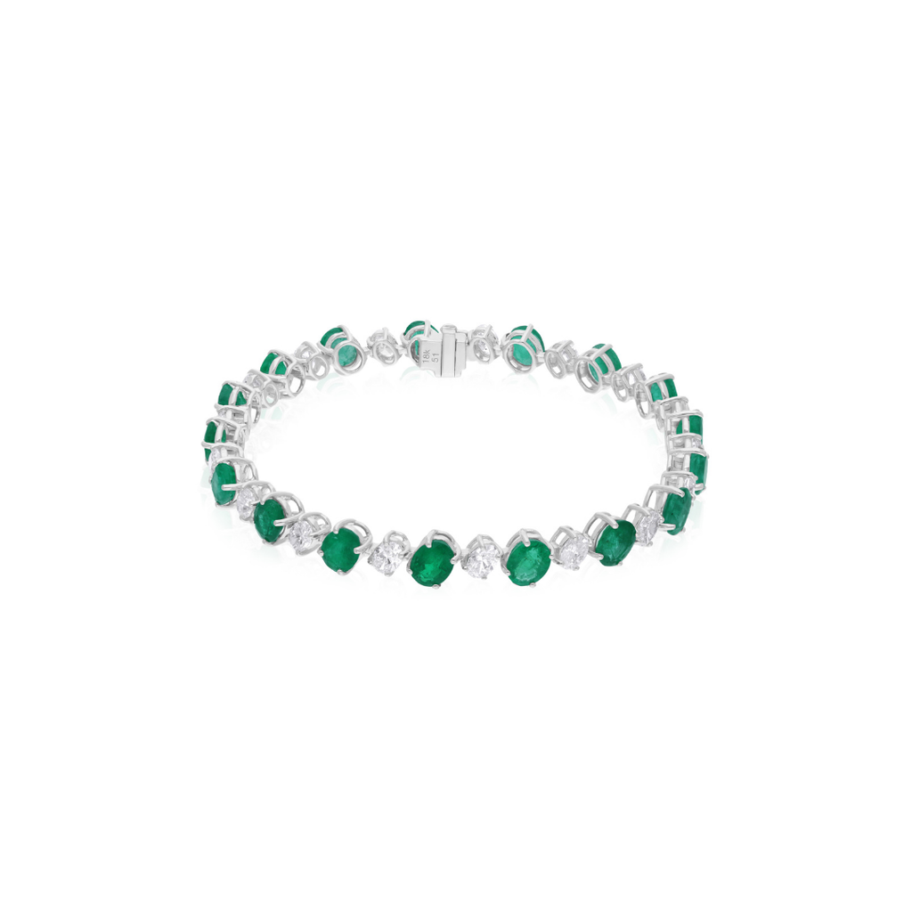 Oval Cut Emerald Gemstone & Natural Diamond Tennis Bracelet