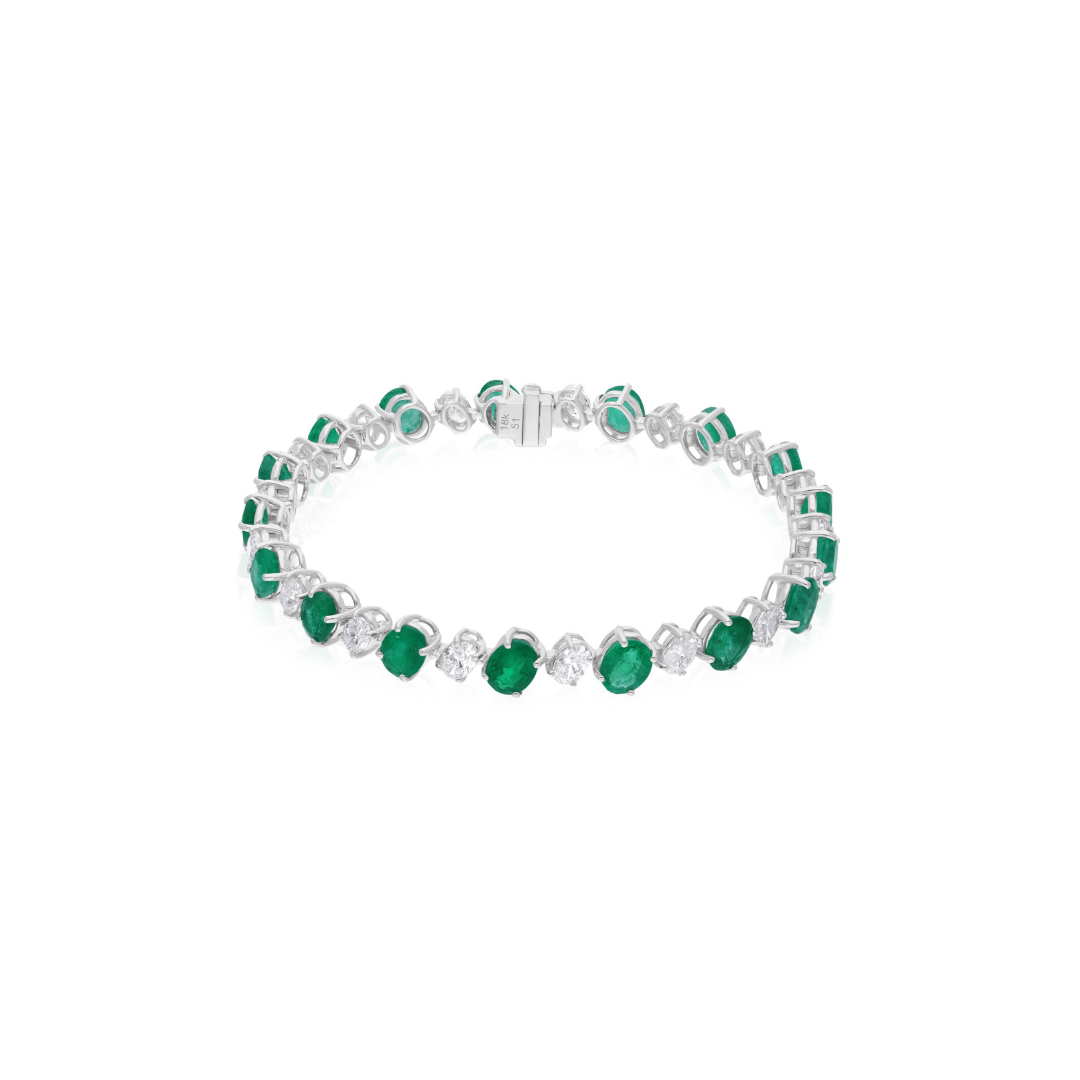 Oval Cut Emerald Gemstone & Natural Diamond Tennis Bracelet