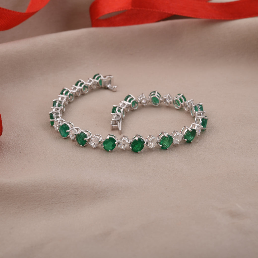 Oval Cut Emerald Gemstone & Natural Diamond Tennis Bracelet