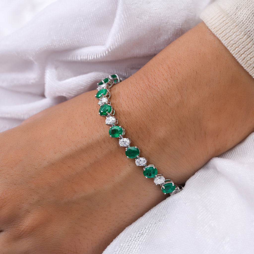 Oval Cut Emerald Gemstone & Natural Diamond Tennis Bracelet