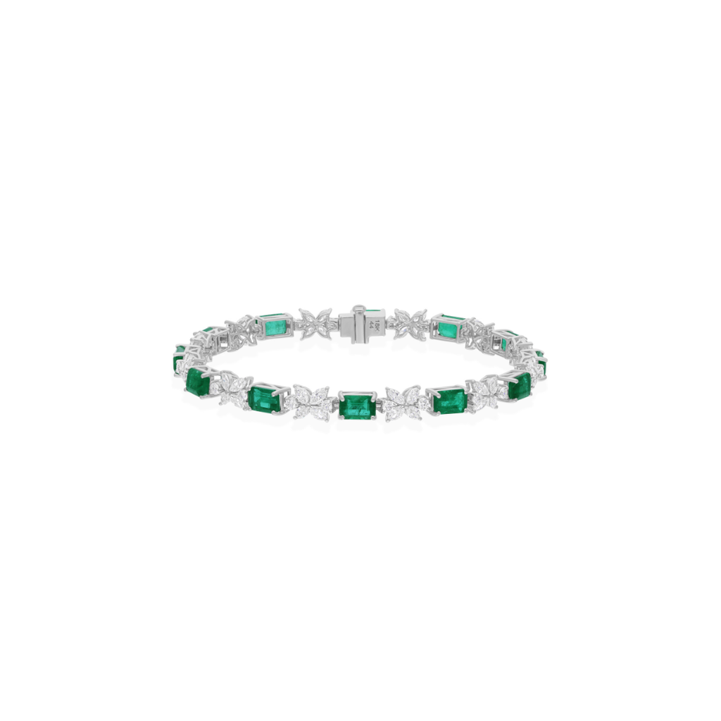 Floral Natural Octagon Zambian Emerald Diamond Tennis Bracelet