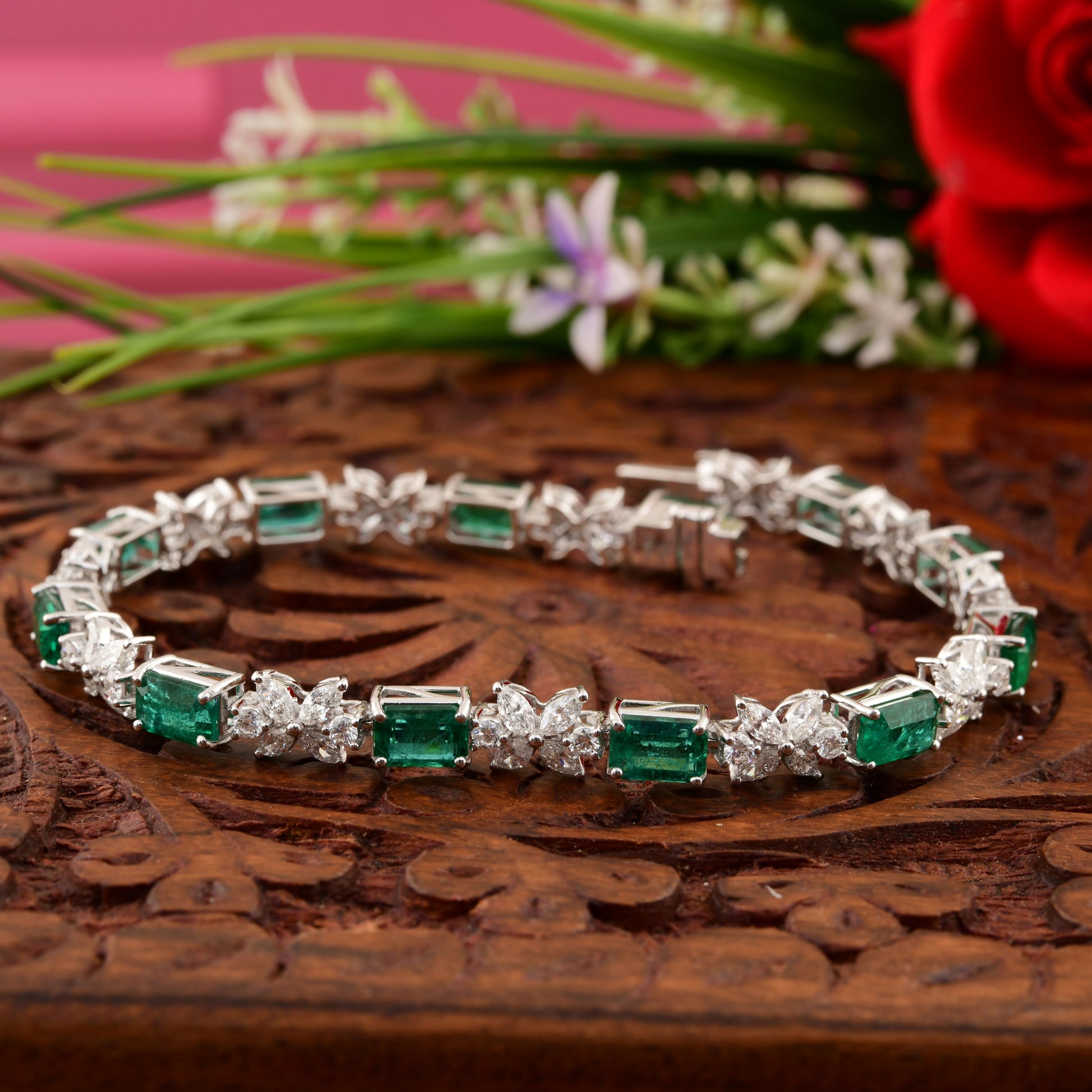 Floral Natural Octagon Zambian Emerald & Diamond Tennis Bracelet