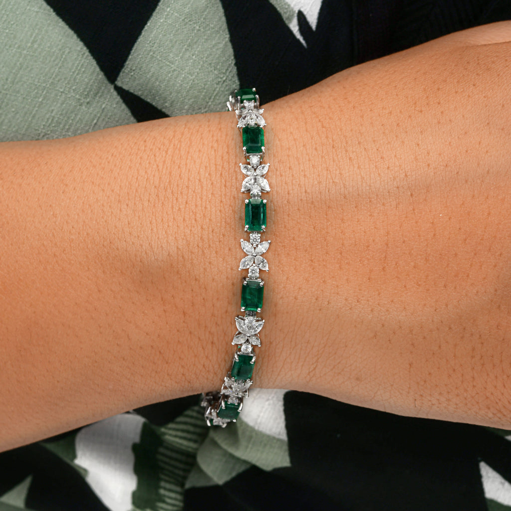 Floral Natural Octagon Zambian Emerald Diamond Tennis Bracelet
