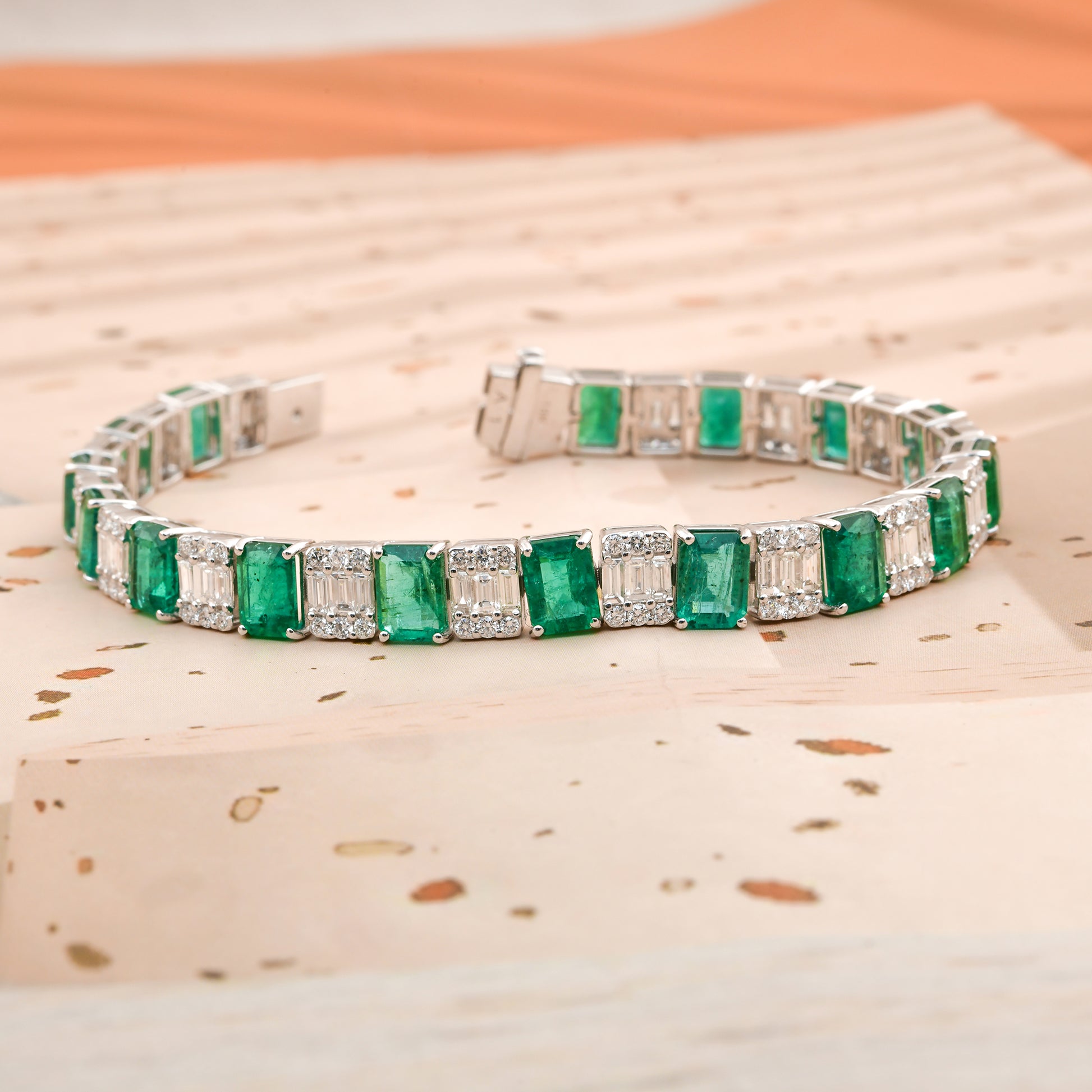 19.6Tcw Statement Zambian Emerald Diamond Tennis Bracelet In Solid Gold