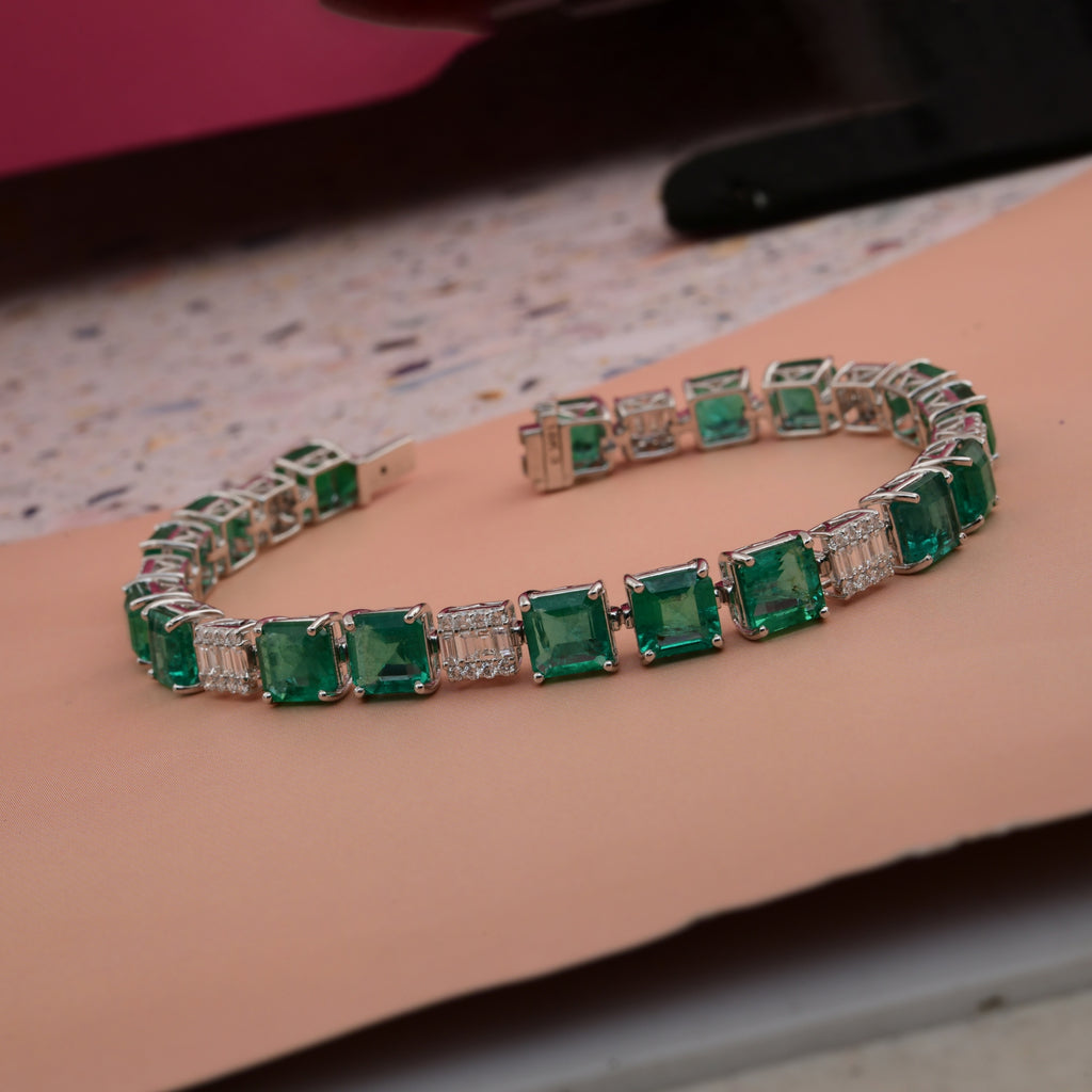 Certified Zambian Emerald Natural Diamond Tennis Bracelet in Solid Gold
