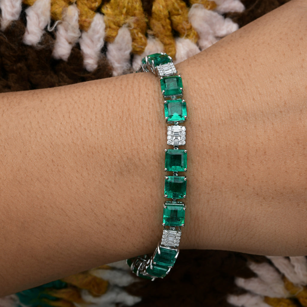 Certified Zambian Emerald Natural Diamond Tennis Bracelet in Solid Gold
