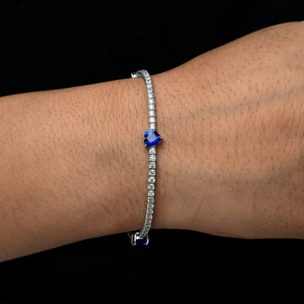 Delicate Fine Gold Diamond Tennis Bracelet with Blue Sapphire Hearts