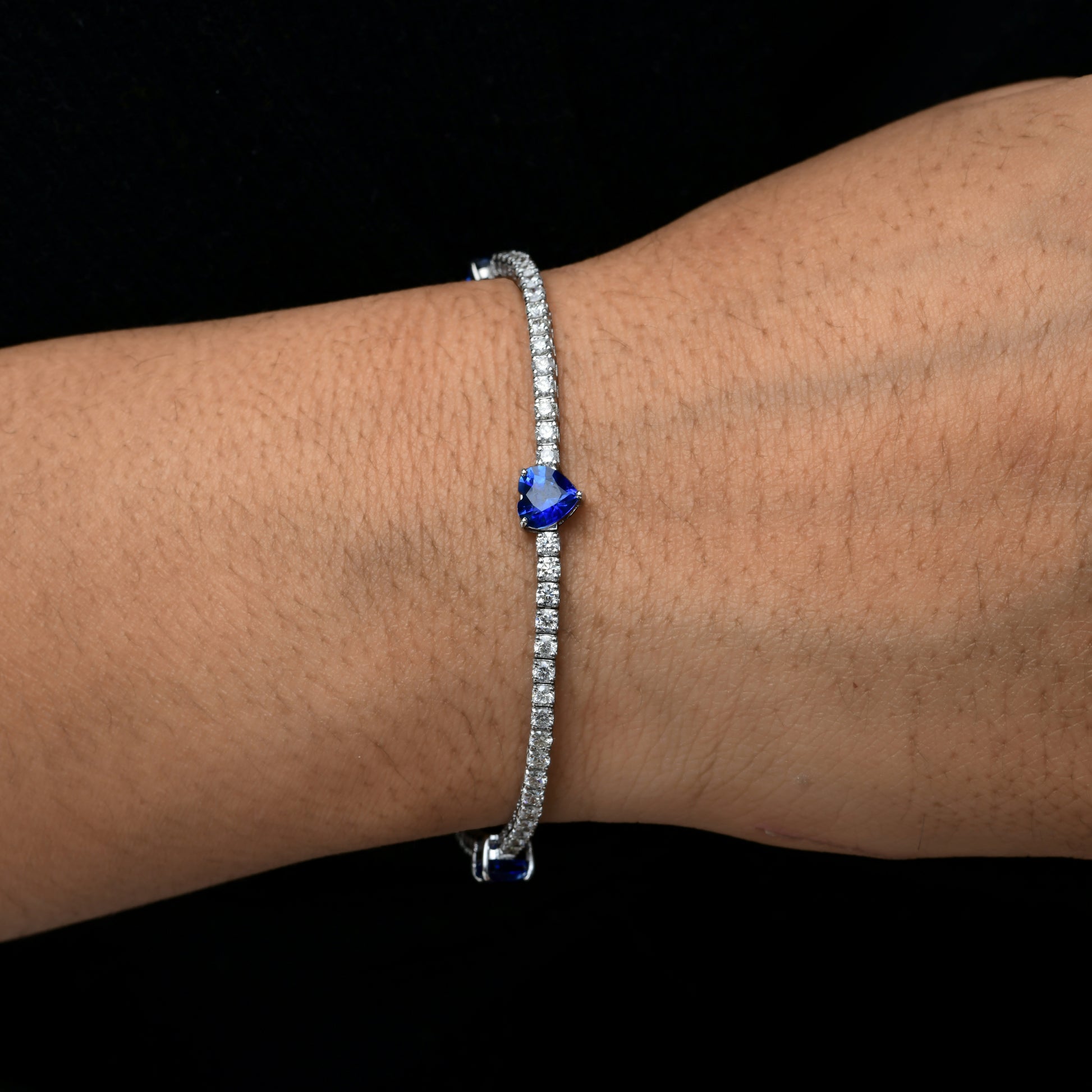 Delicate Fine Gold Diamond Tennis Bracelet with Blue Sapphire Hearts