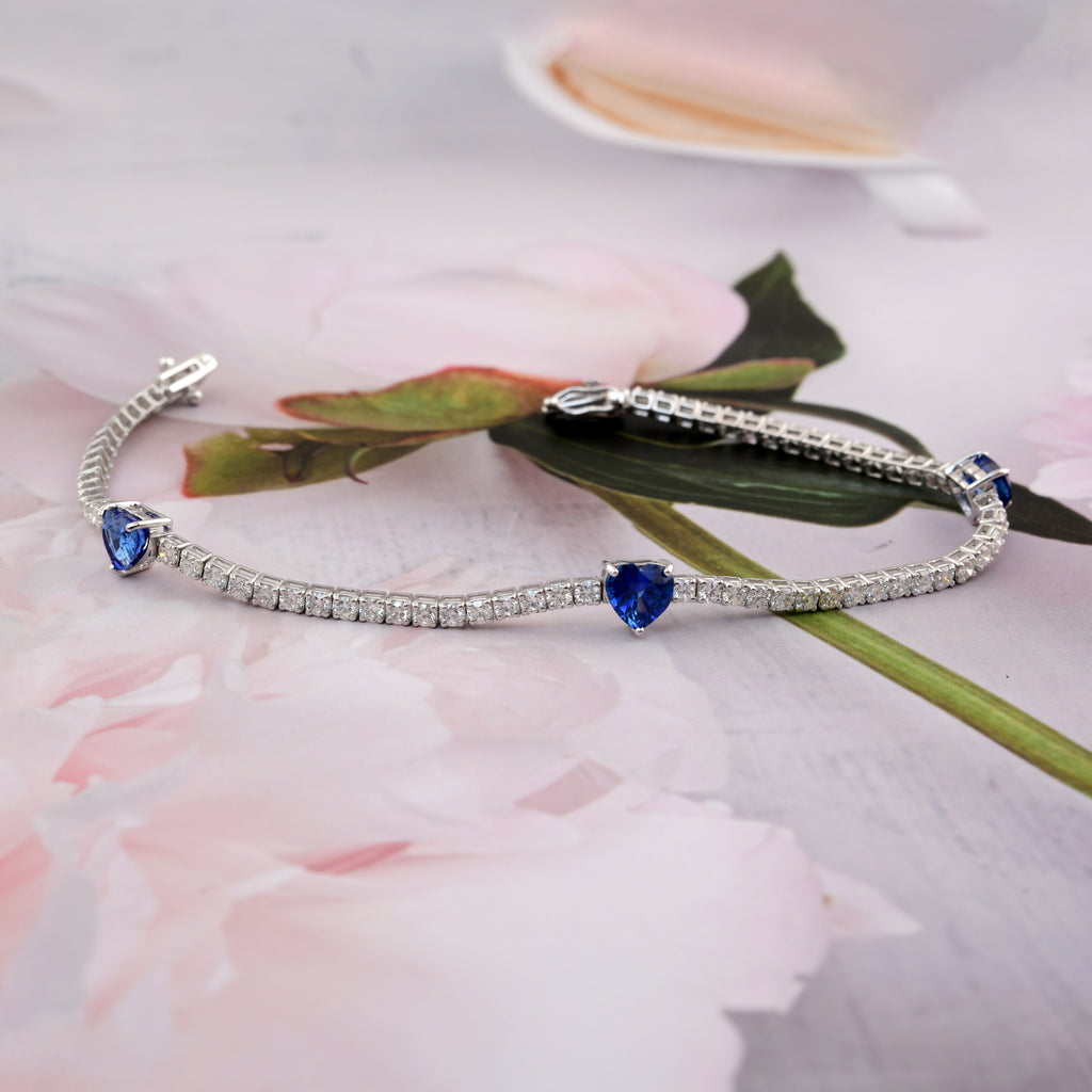 Delicate Fine Gold Diamond Tennis Bracelet with Blue Sapphire Hearts