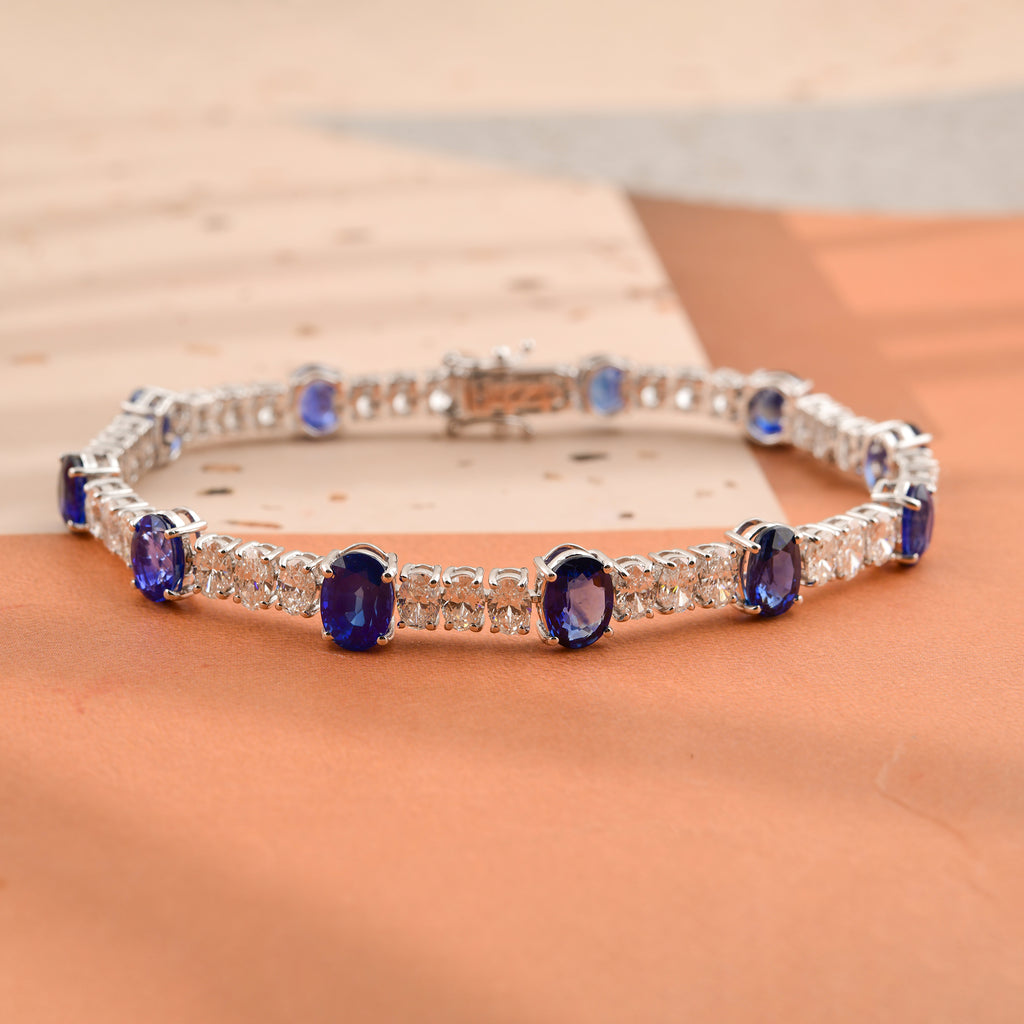 17.9Tcw Blue Sapphire Diamond Wedding Tennis Bracelet In Fine Gold
