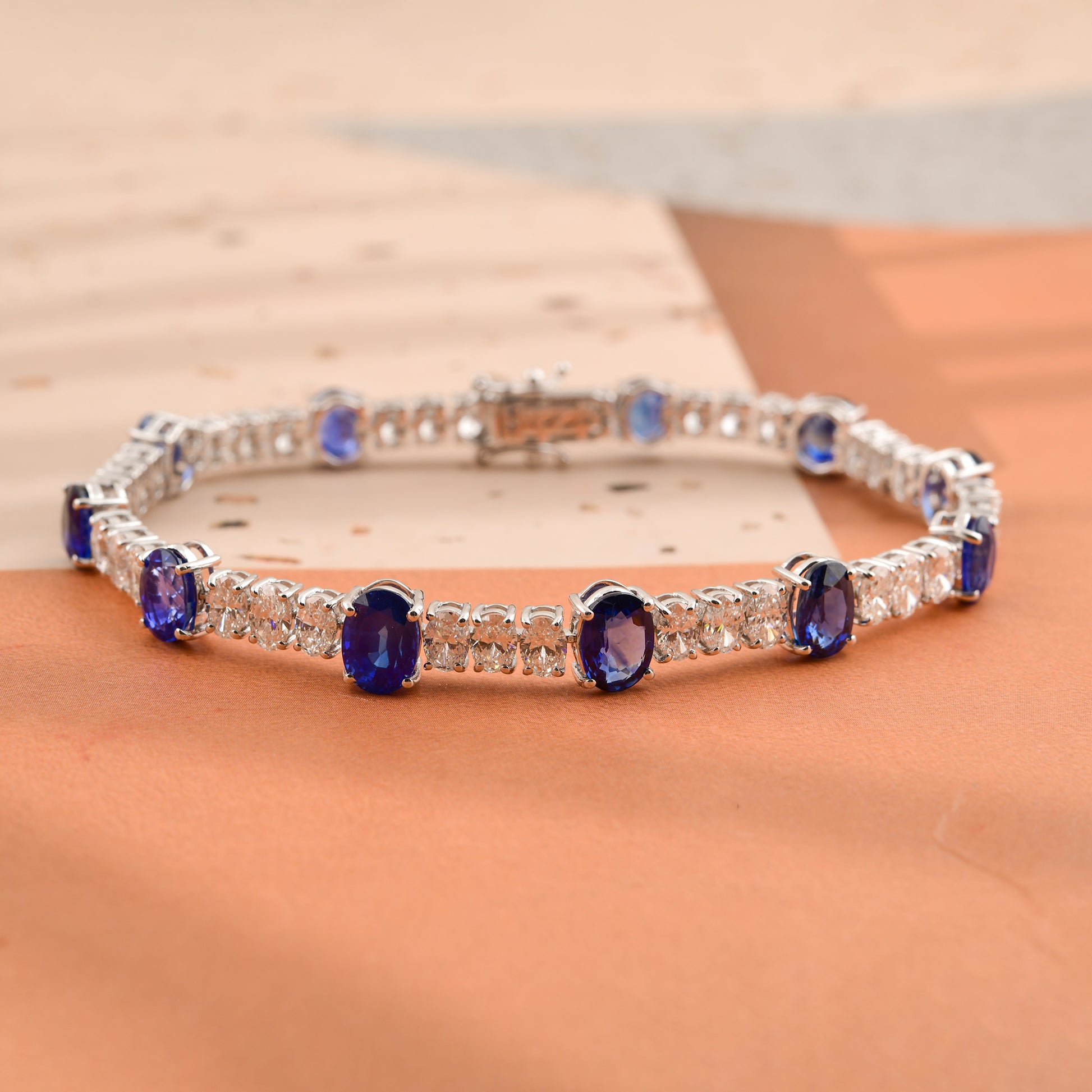 17.9Tcw Blue Sapphire Diamond Wedding Tennis Bracelet In Fine Gold