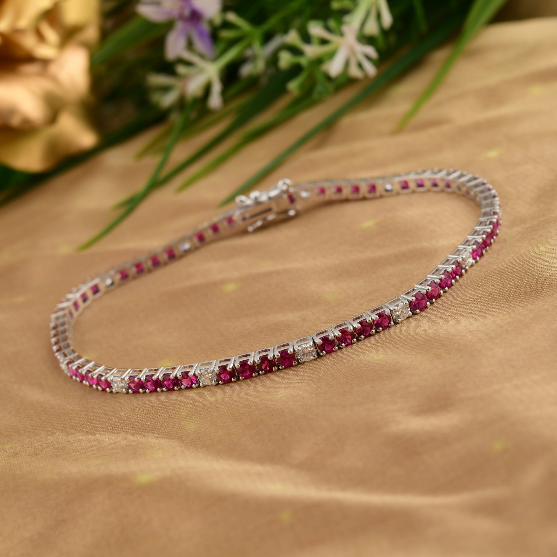 Fine Gold 4.65Tcw Round Brilliant Cut Ruby Diamond Tennis Anniversary Bracelet