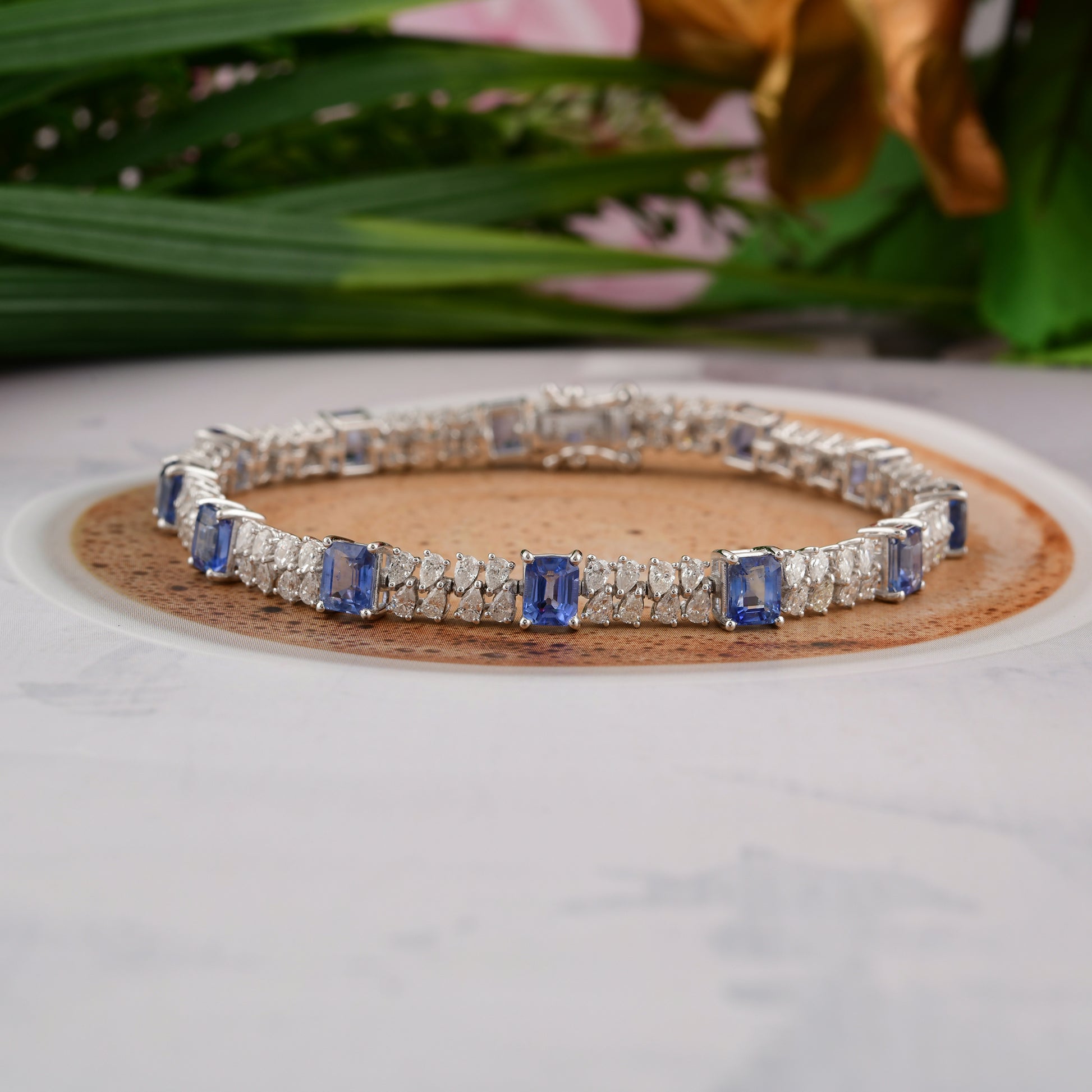Natural Blue Sapphire & Diamond Wedding Tennis Bracelet in Fine Gold