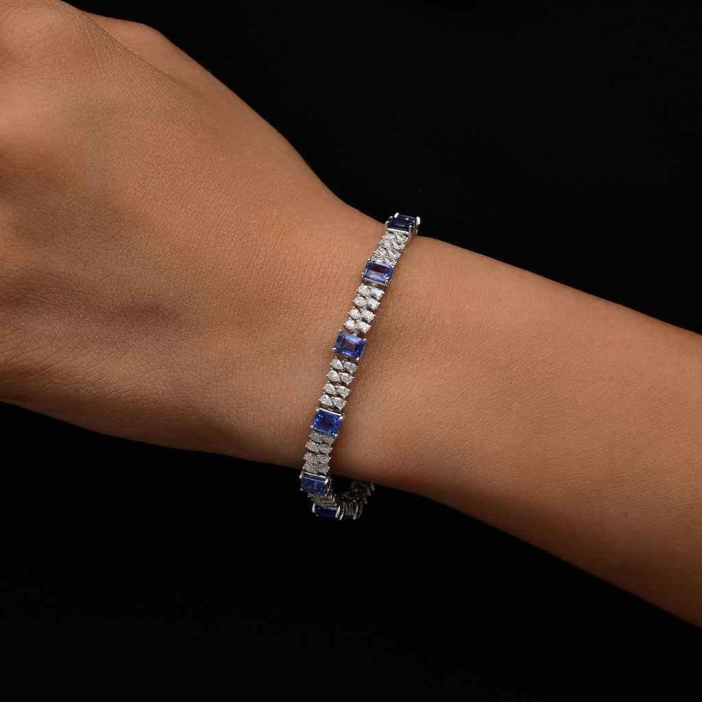 Natural Blue Sapphire & Diamond Wedding Tennis Bracelet in Fine Gold