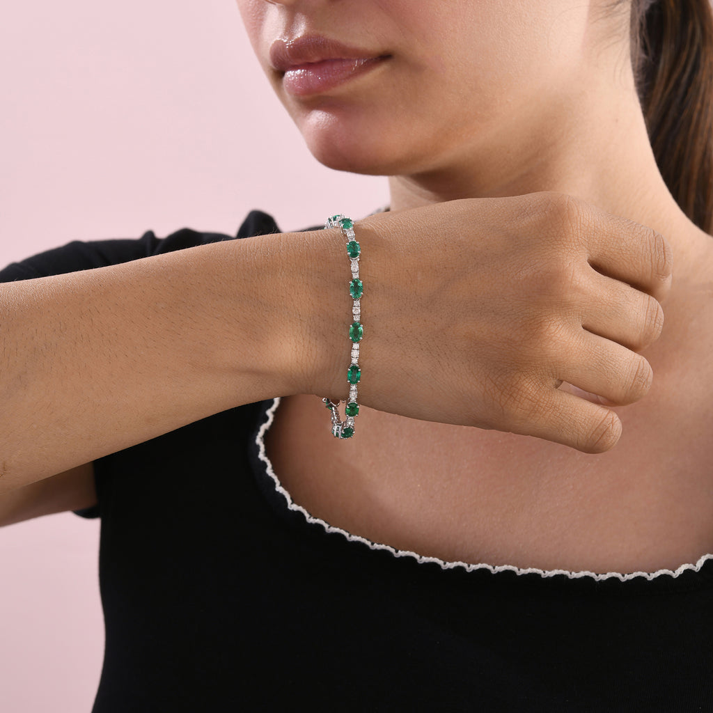 Exquisite Zambian Emerald Tennis Bracelet with Certified Diamonds