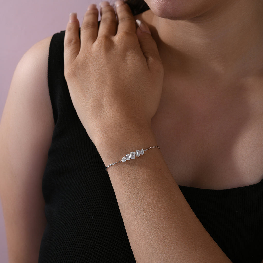 Adjustable Fine Gold Chain Bracelet with Baguette & Pear Cut Diamond