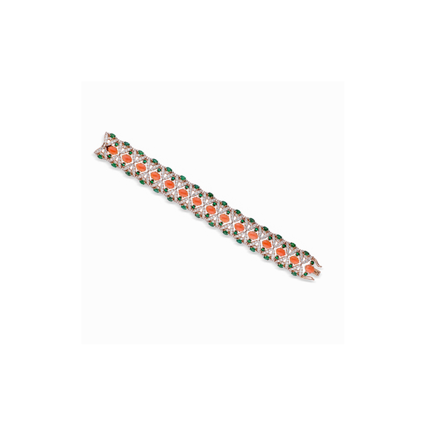 Handcrafted Natural Coral Emerald Gemstone Diamond Fine Gold Bracelet
