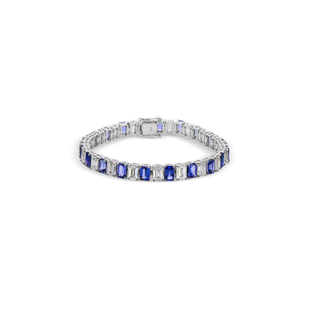 Exquisite Natural Blue Sapphire & Diamond Fine Gold Tennis Bracelet