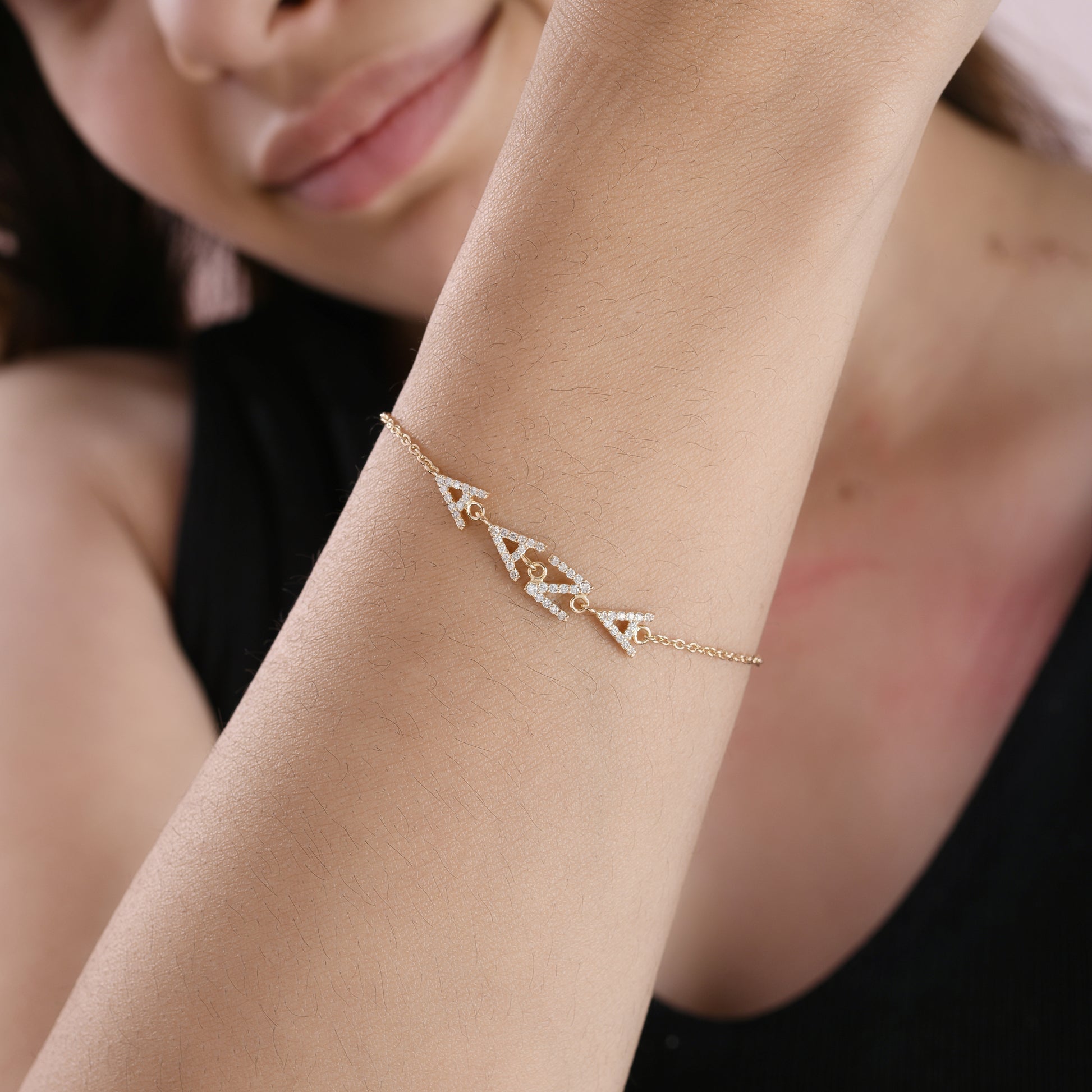 Minimalist Fine Gold Natural Diamond Initial Charm Bracelet