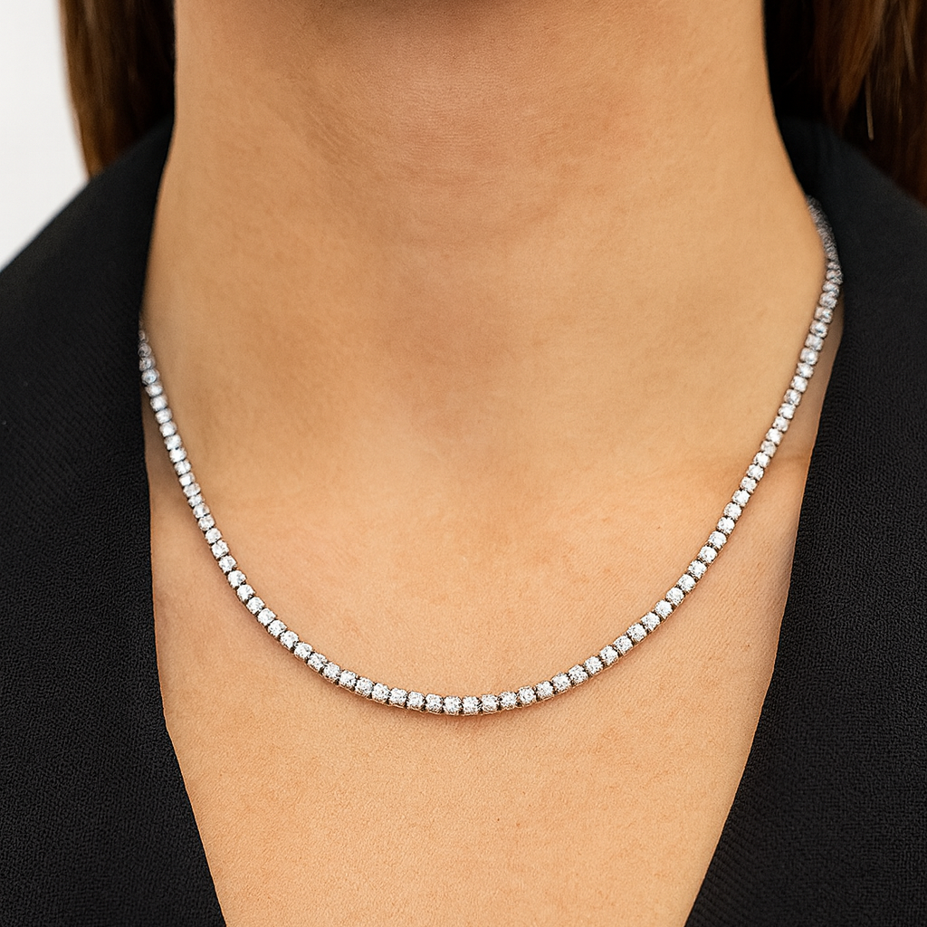 Prong Setting Round Cut Natural Diamond Tennis Necklace in Fine Gold