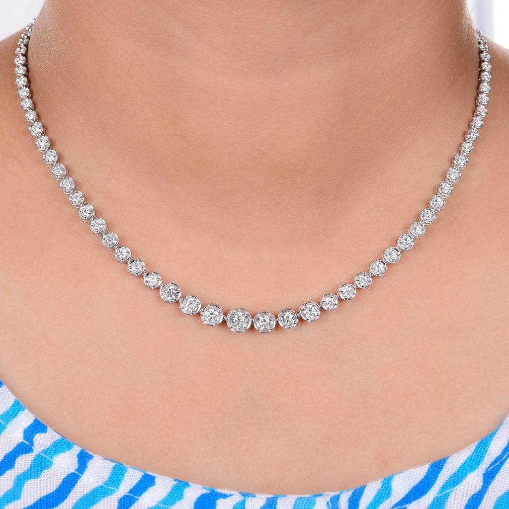 Fine Gold Tennis Necklace with Hand Set Round Cut Natural Diamonds