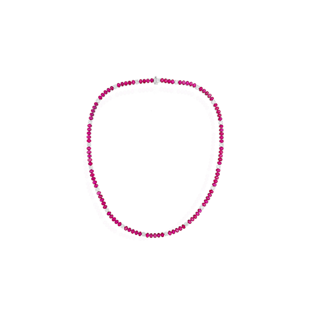 23.57 Tcw Oval Cut Natural Diamond Ruby Gemstone Tennis Necklace