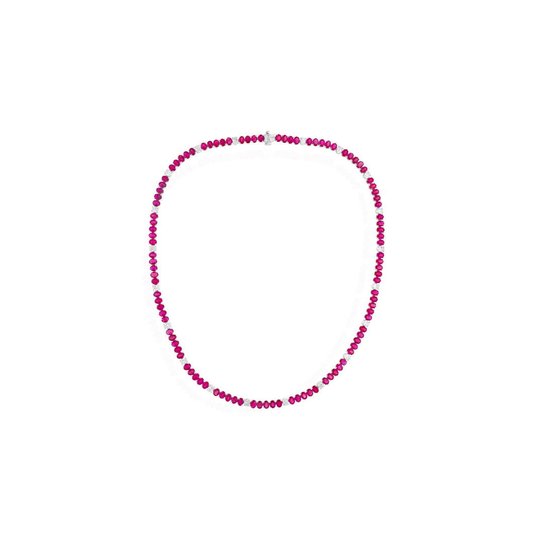 23.57 Tcw Oval Cut Natural Diamond Ruby Gemstone Tennis Necklace