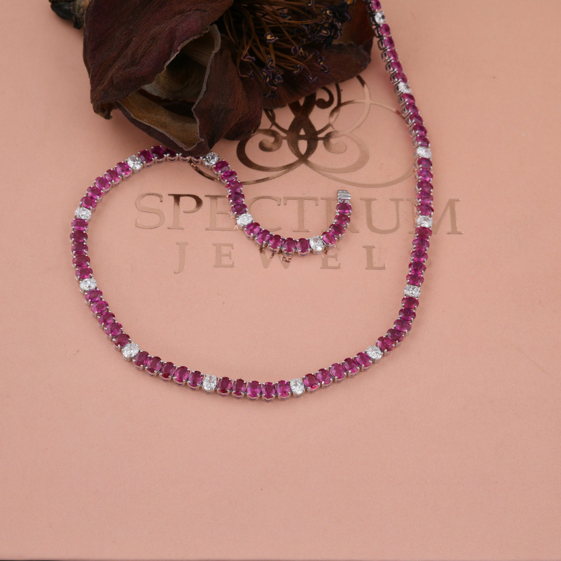 23.57 Tcw Oval Cut Natural Diamond Ruby Gemstone Tennis Necklace