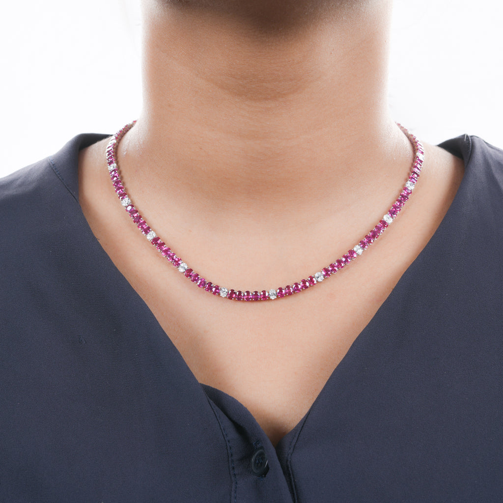 23.57 Tcw Oval Cut Natural Diamond Ruby Gemstone Tennis Necklace