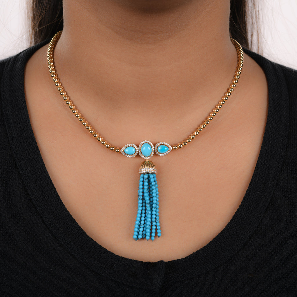 Multi Shape Blue Turquoise Pave Diamond Gold Beaded Tassel Necklace