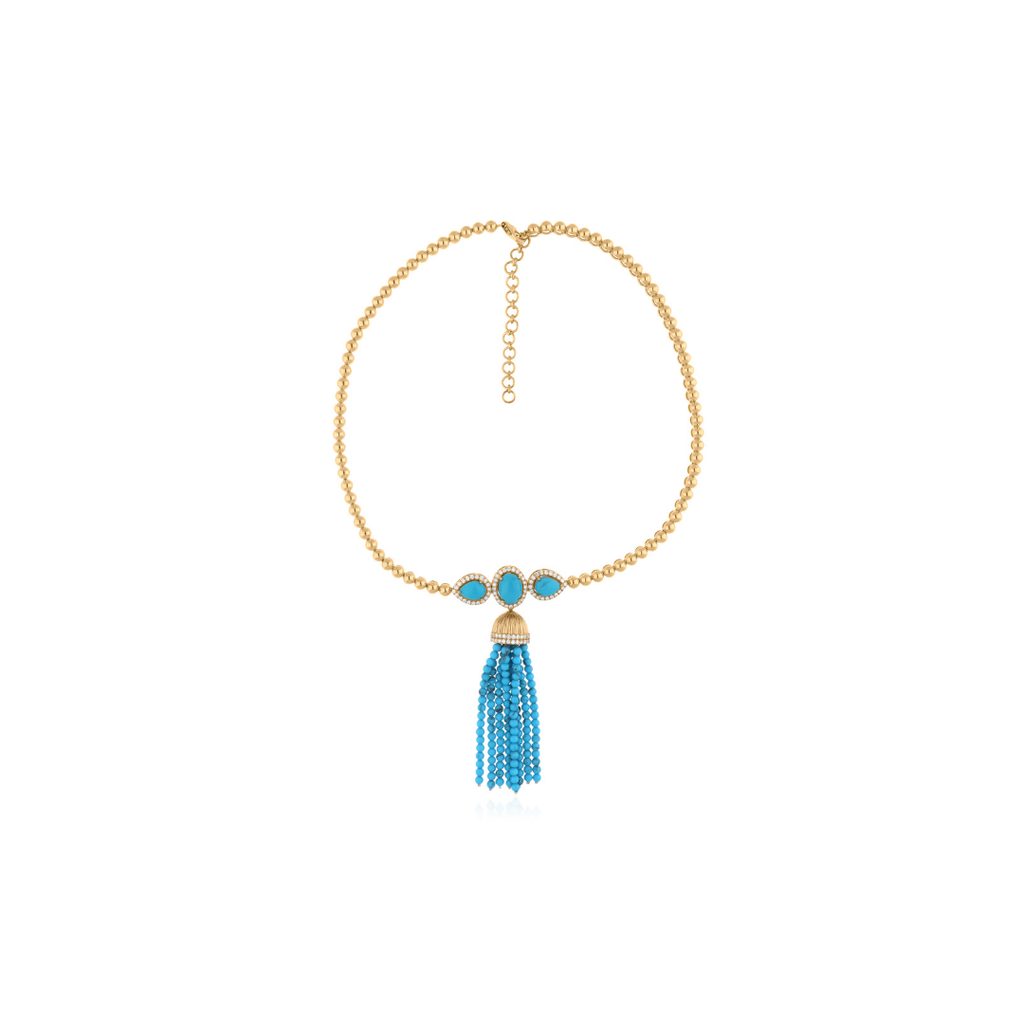Multi Shape Blue Turquoise Pave Diamond Gold Beaded Tassel Necklace