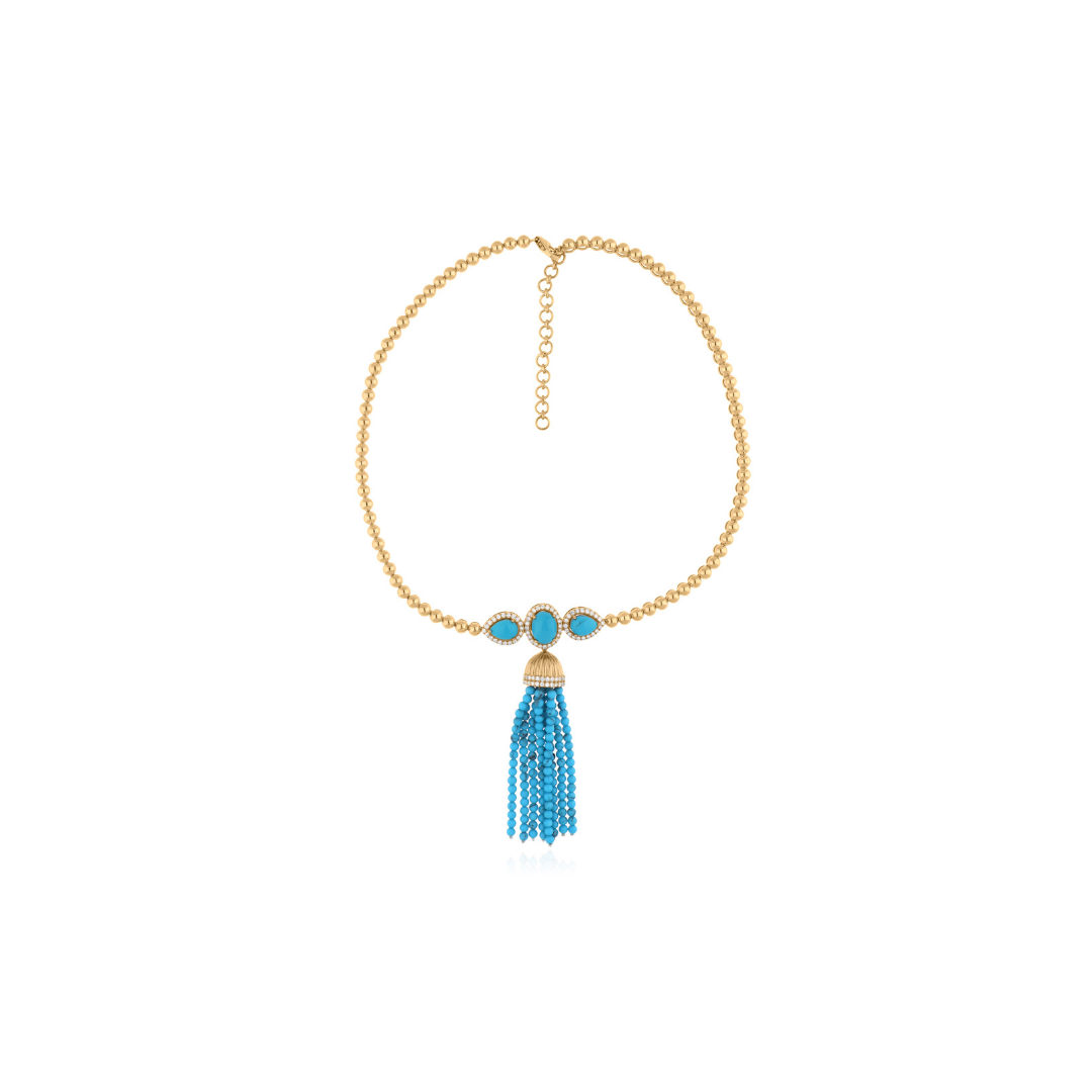 Multi Shape Blue Turquoise Pave Diamond Gold Beaded Tassel Necklace