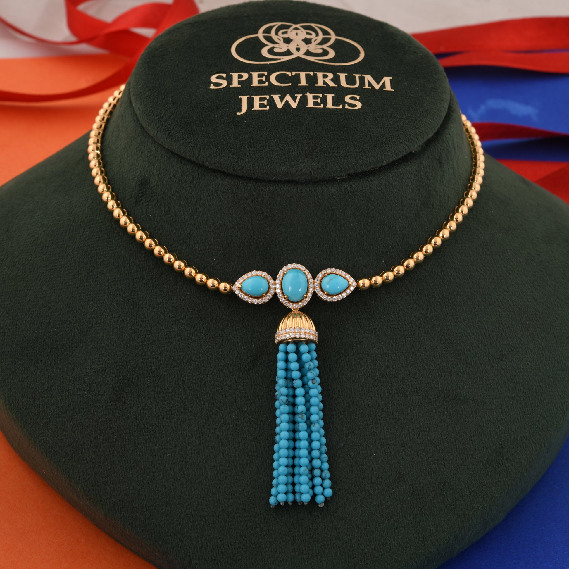 Multi Shape Blue Turquoise Pave Diamond Gold Beaded Tassel Necklace
