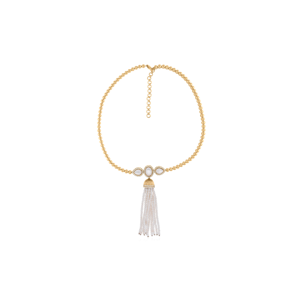 Mother of Pearl Round Beads Tassel Pave Diamond Gold Beaded Necklace