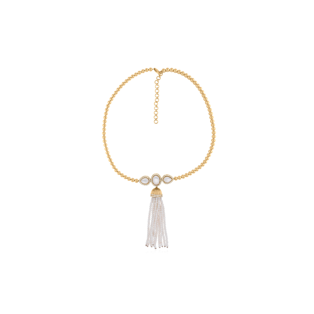 Mother of Pearl Round Beads Tassel Pave Diamond Gold Beaded Necklace