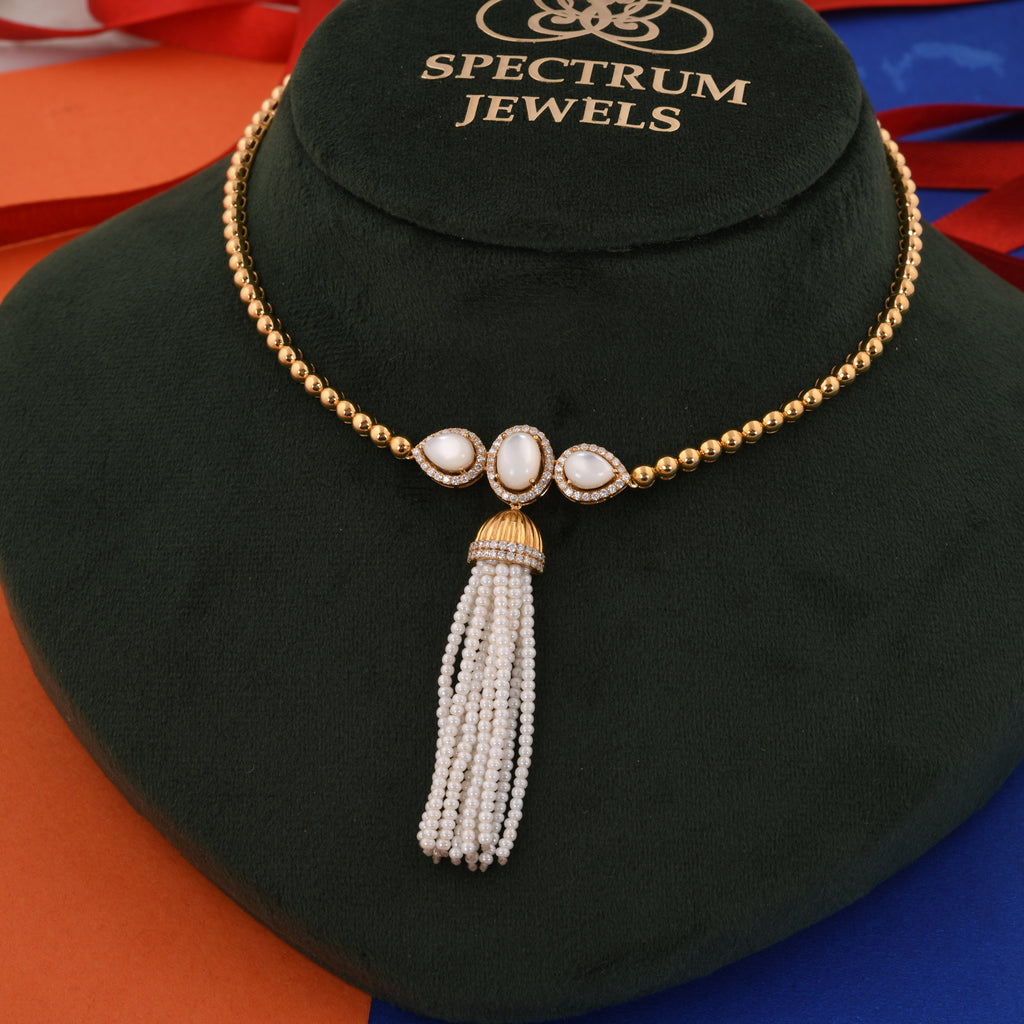 Mother of Pearl Round Beads Tassel Pave Diamond Gold Beaded Necklace