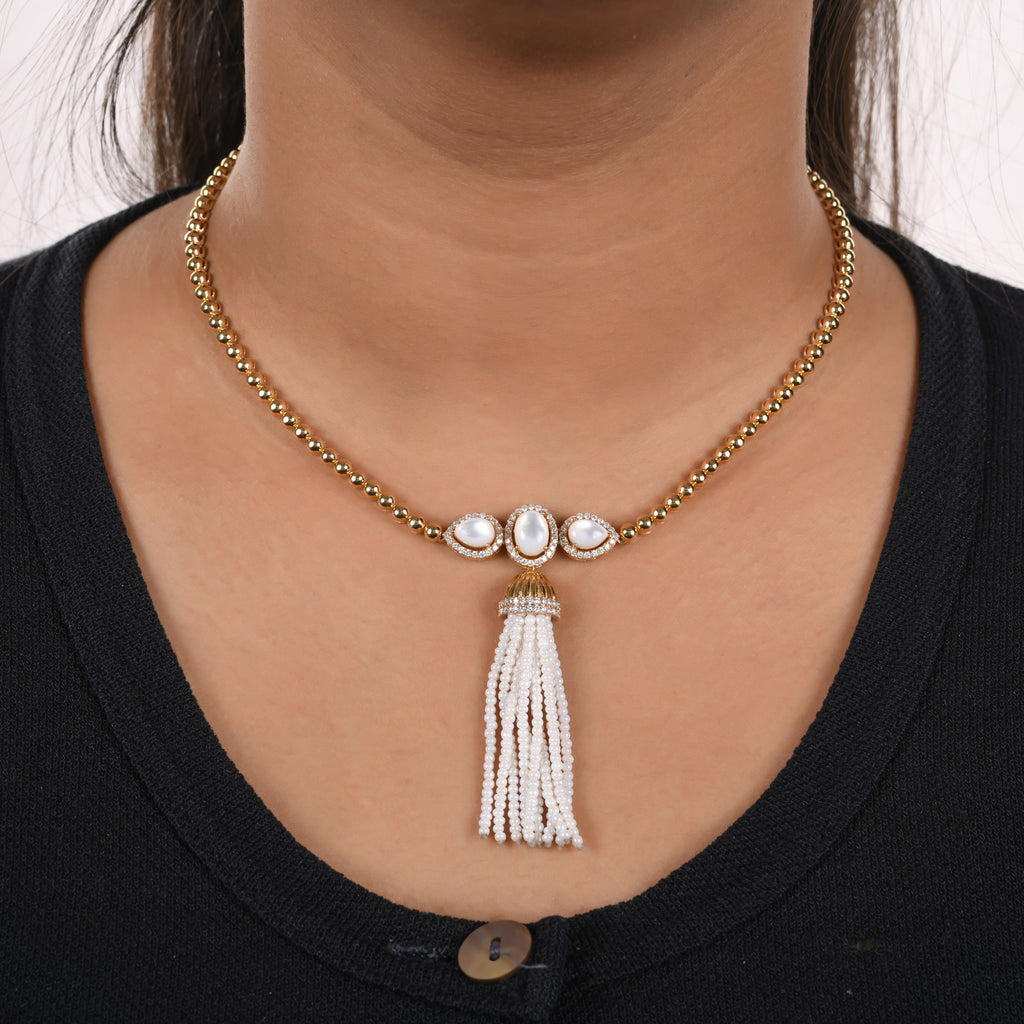 Mother of Pearl Round Beads Tassel Pave Diamond Gold Beaded Necklace