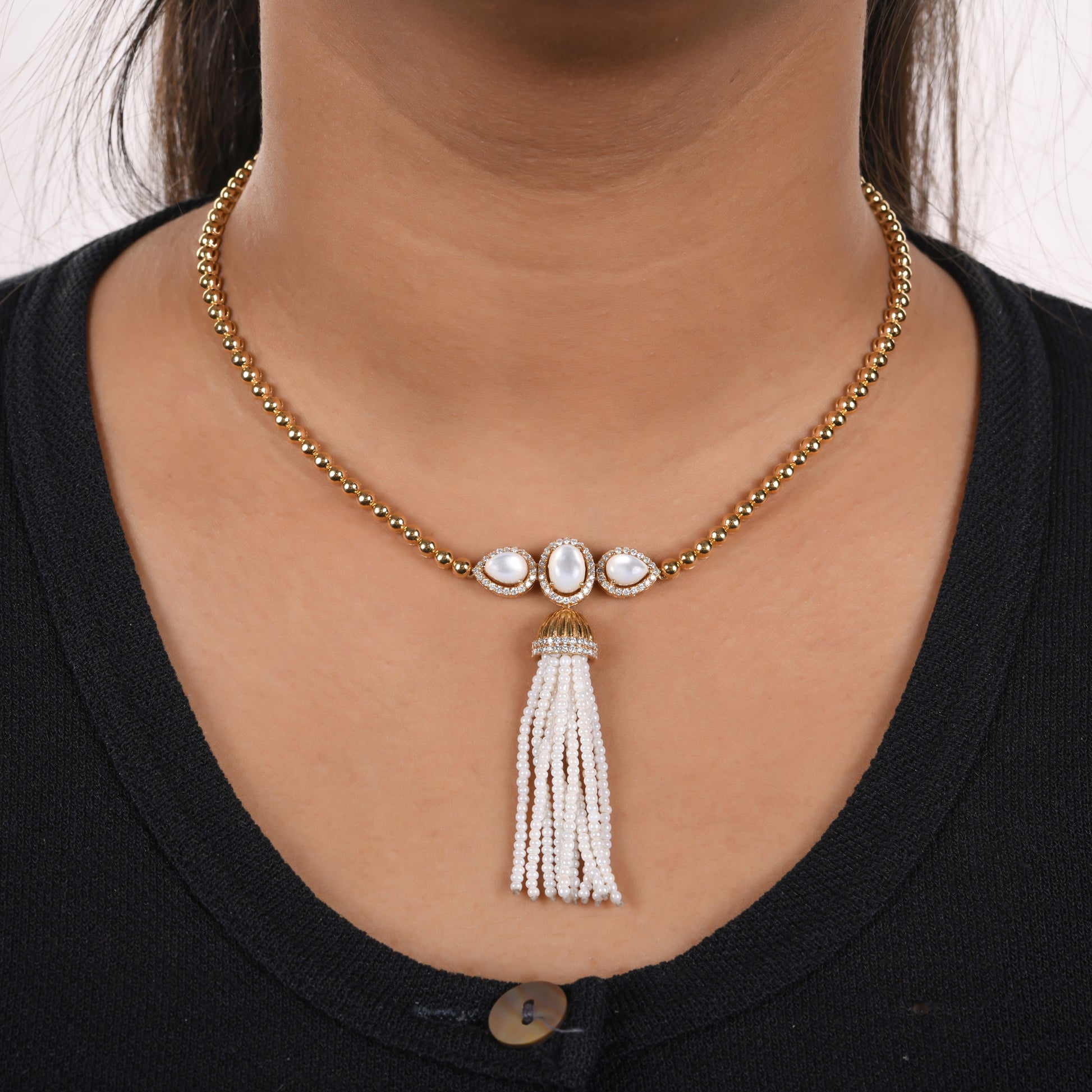 Mother of Pearl Round Beads Tassel Pave Diamond Gold Beaded Necklace