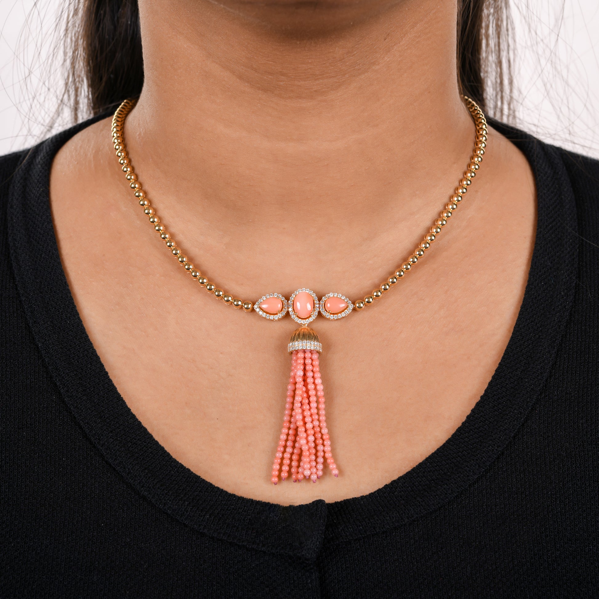 3.43 Ct. Gold Beads Coral Drop Bead Tassel Pave Diamond Necklace