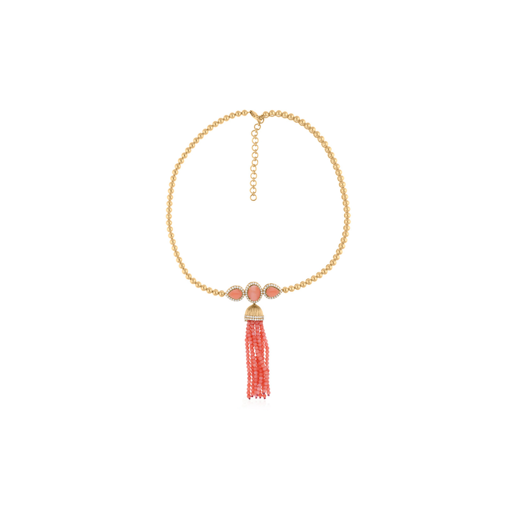 3.43 Ct. Gold Beads Coral Drop Bead Tassel Pave Diamond Necklace