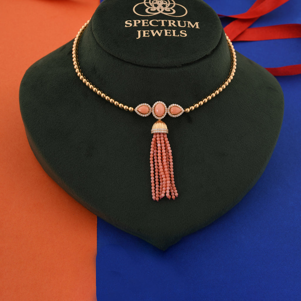 3.43 Ct. Gold Beads Coral Drop Bead Tassel Pave Diamond Necklace