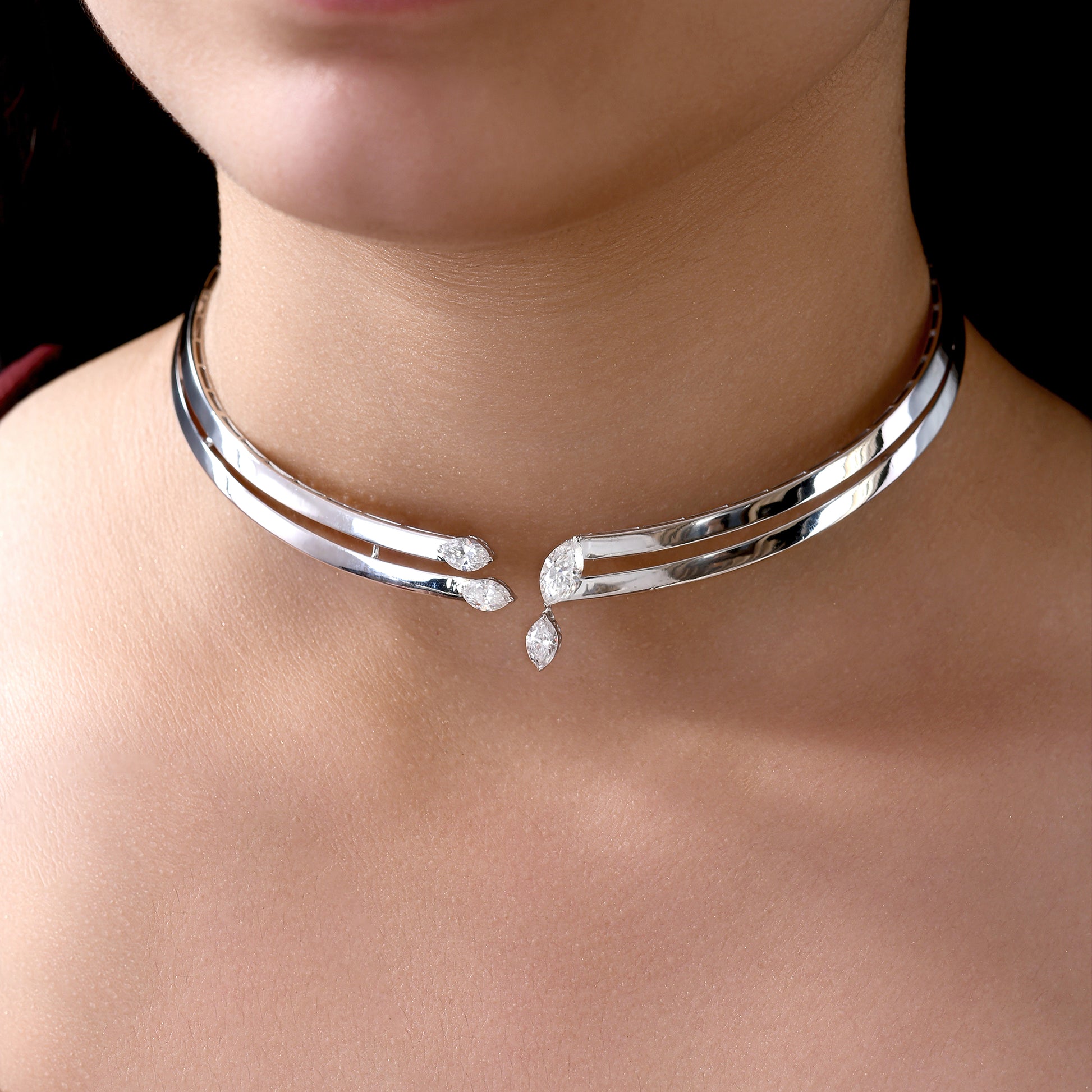 Statement Open Front Marquise Cut Natural Diamond Choker Necklace