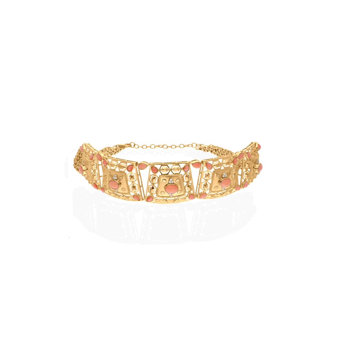 9.53 Tcw H/SI Vintage Diamond Coral Gemstone Choker Necklace