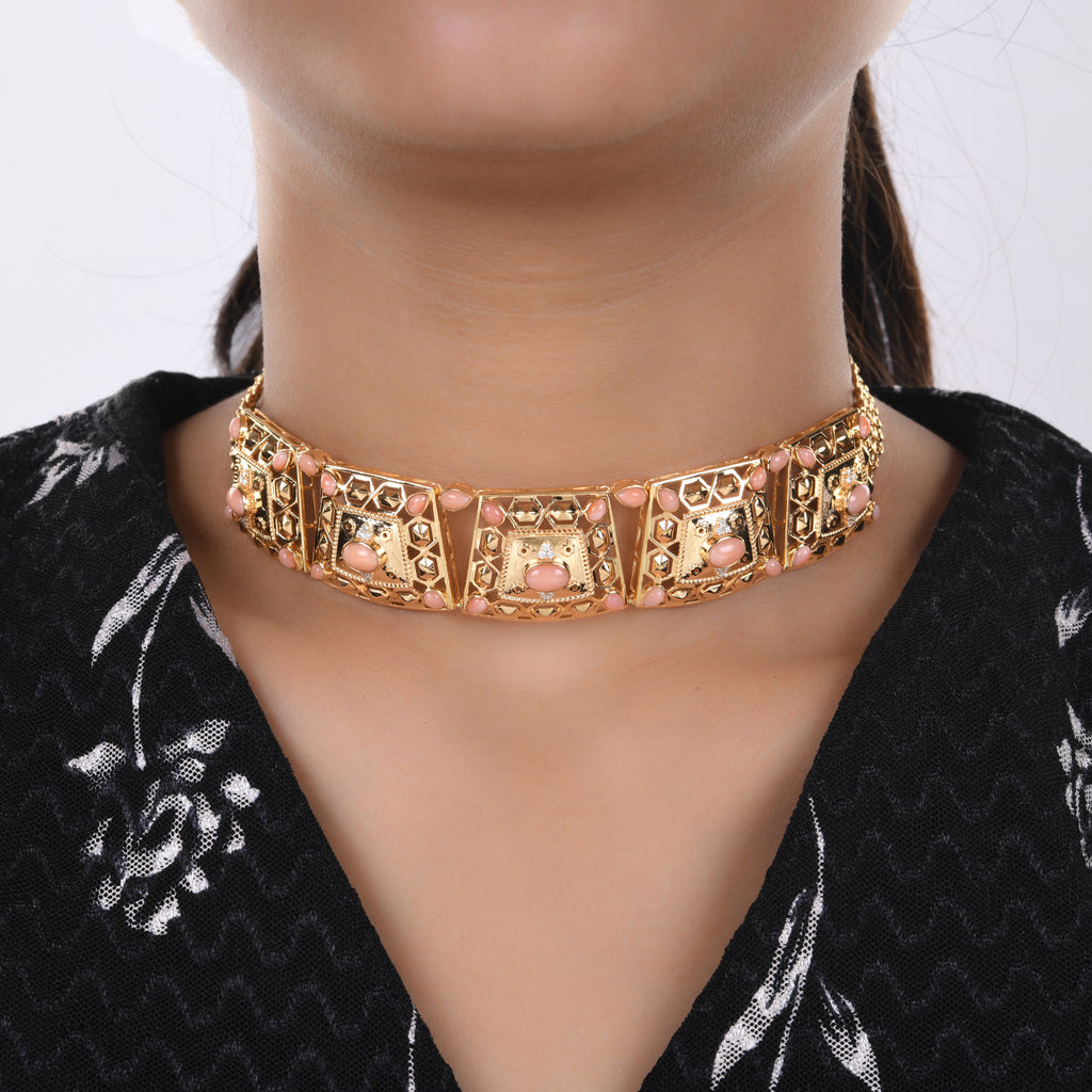 9.53 Tcw H/SI Vintage Diamond Coral Gemstone Choker Necklace