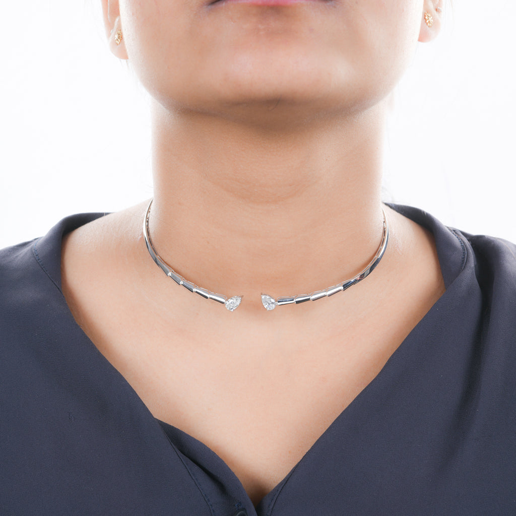 1.45 Ct SI/H Dual Pear Cut Diamond Choker Necklace Minimalist Open-Front Design