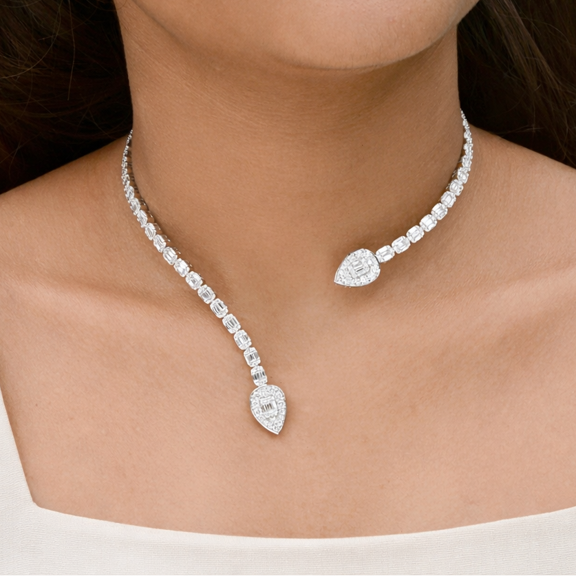 Certified Baguette Cut Diamond Gold Choker Necklace