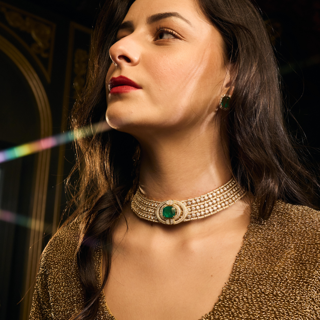Vintage Inspired  Zambian Emerald and Diamond Gold Choker Necklace