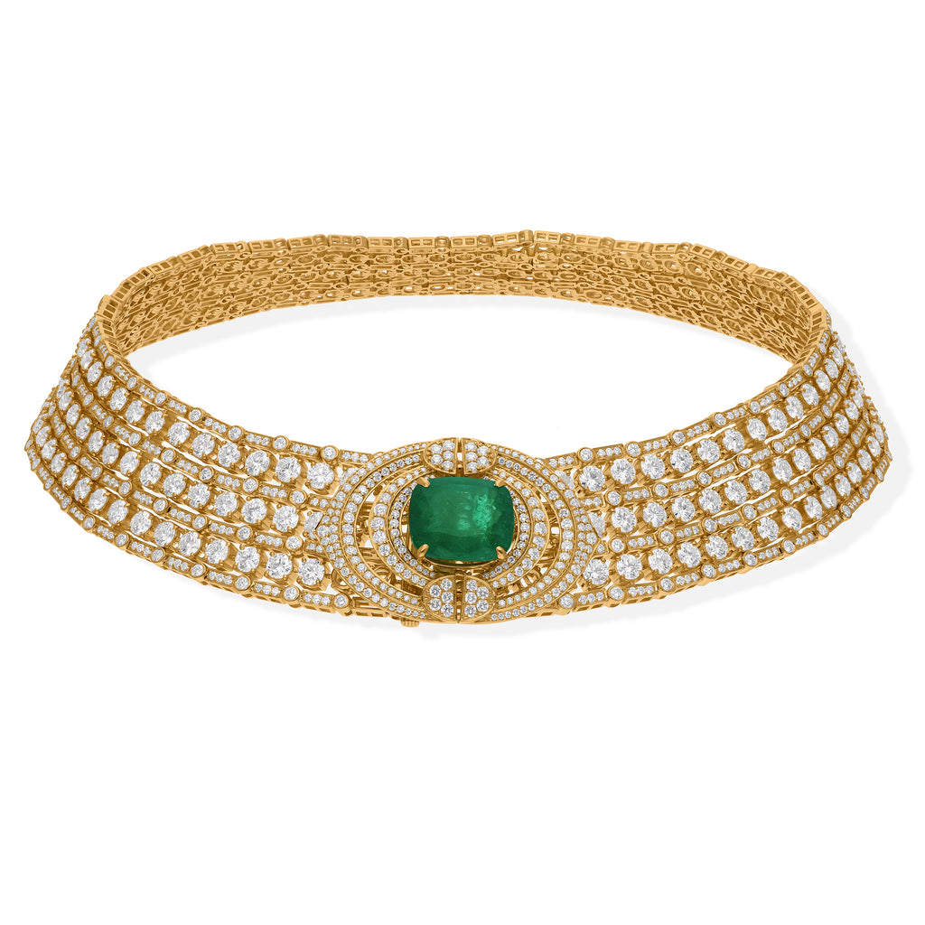Vintage Inspired  Zambian Emerald and Diamond Gold Choker Necklace