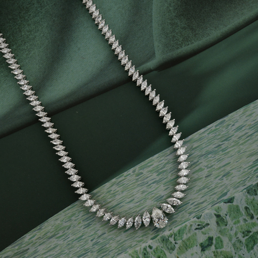 6.18 Carat Natural Pear Marquise Cut Diamond Tennis Necklace in Fine Gold